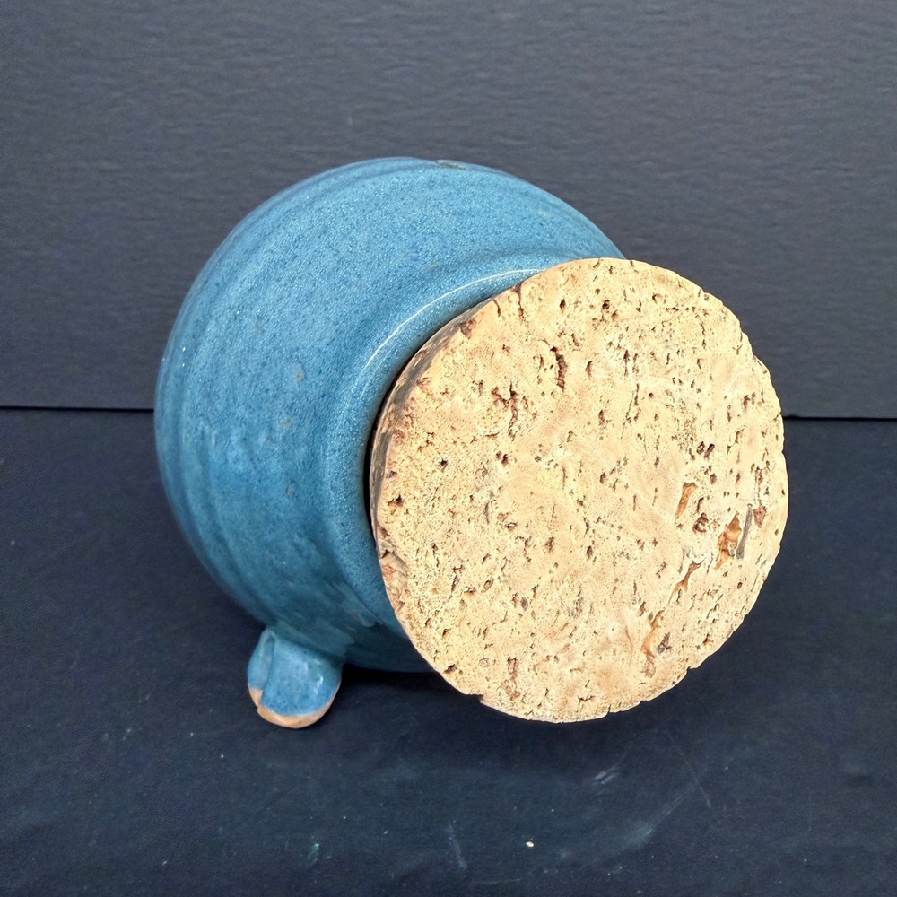 Vintage Piggy Bank with Cork Butt Blue Glazed ceramic Whimsical Pig Figurine - Picture 5 of 13